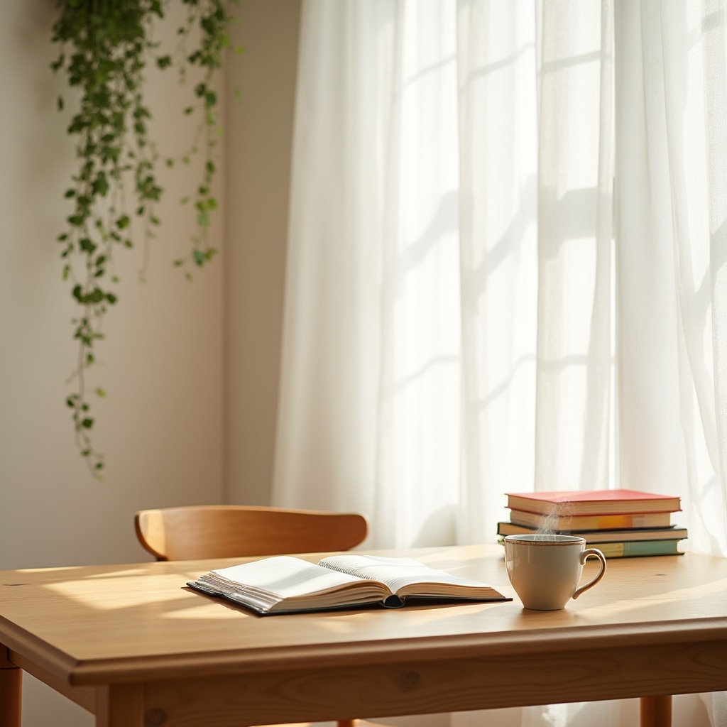 Bright, calm workspace with a notebook, a cup of tea, and soft natural light suggesting a peaceful decision-making environment