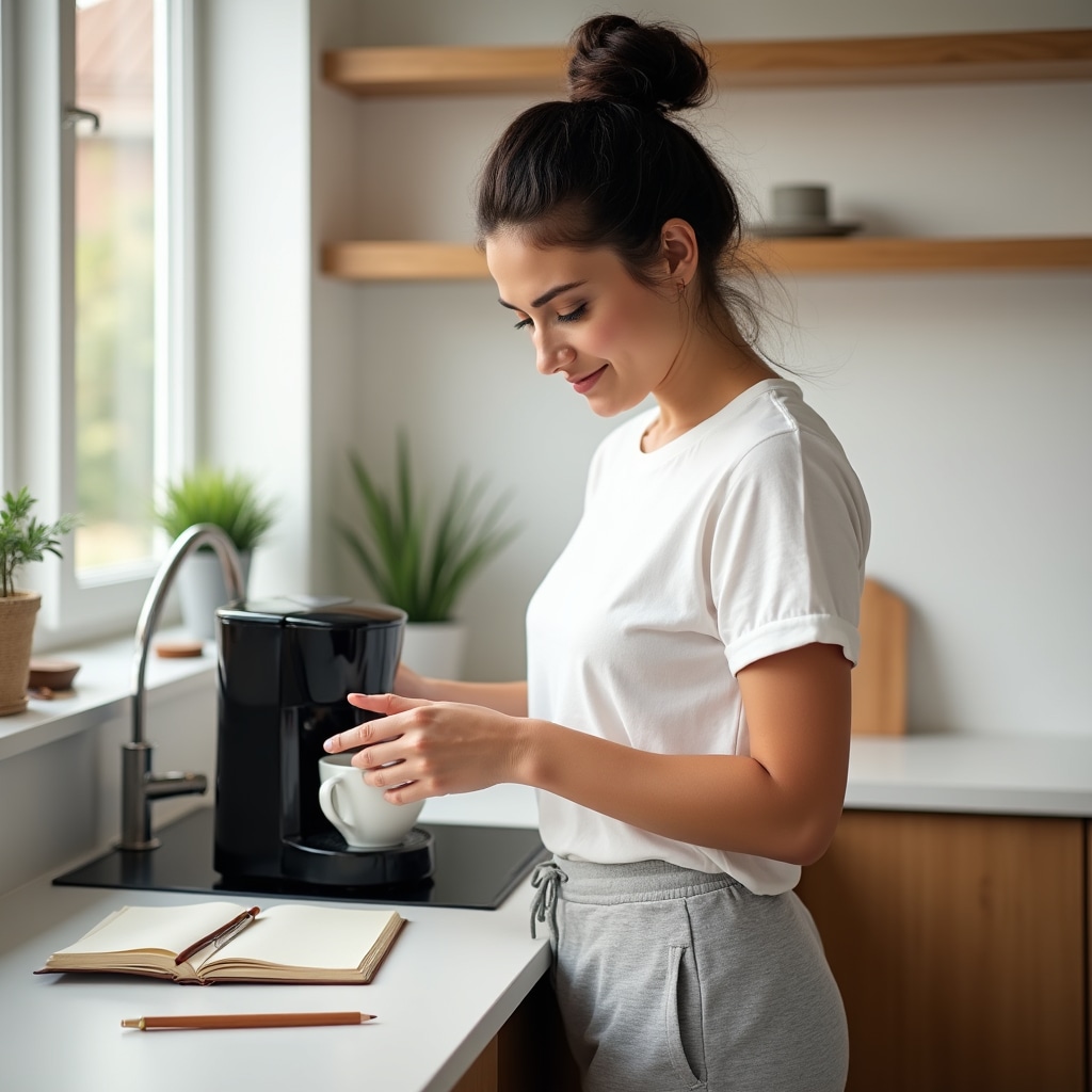Person preparing morning coffee with a small open notebook beside them, integrating a brief reflection practice into their morning routine