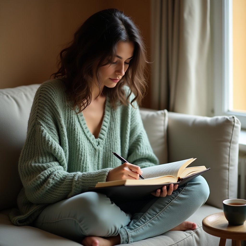 Person writing in a journal reflecting on spending habits and emotional patterns