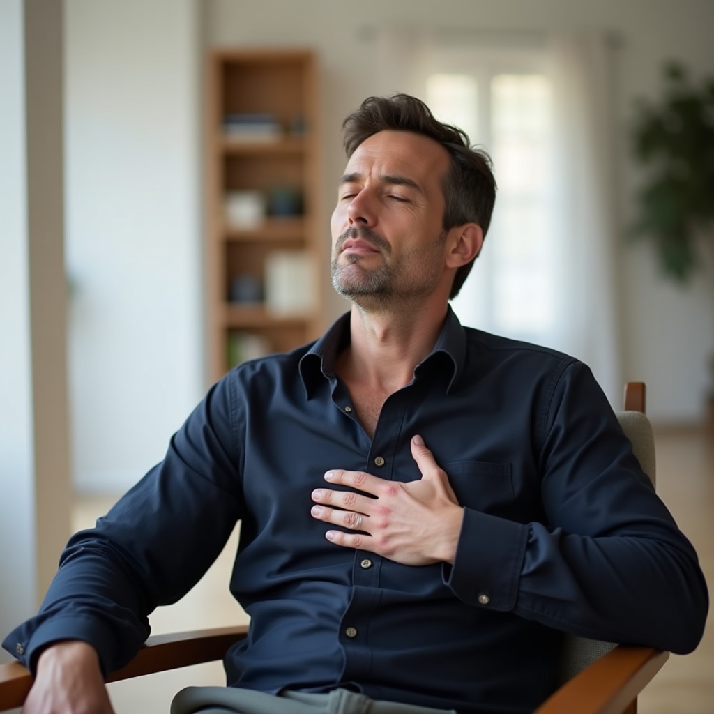 Person sitting quietly with eyes closed, taking a deliberate pause before making a financial decision