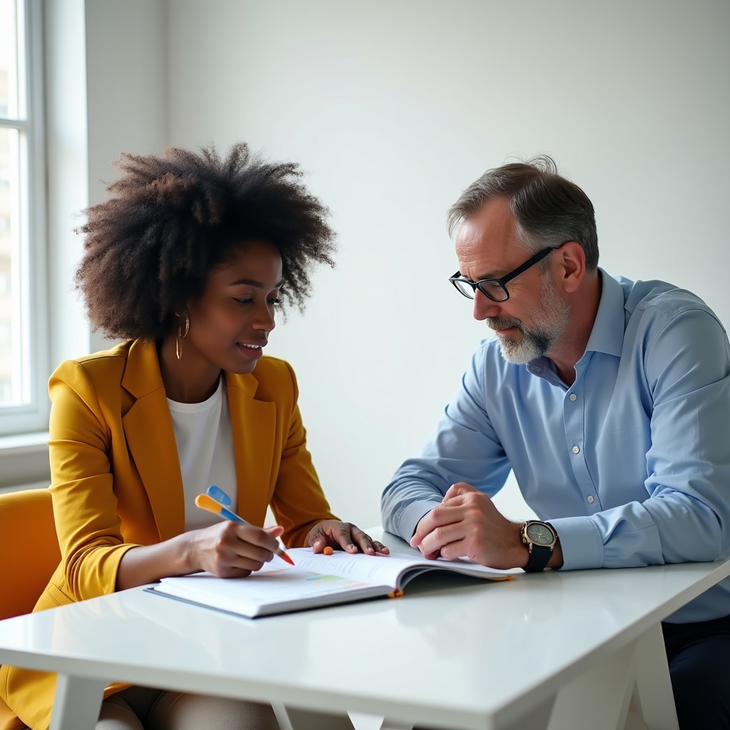 Two people reviewing a structured program workbook together at a bright modern table