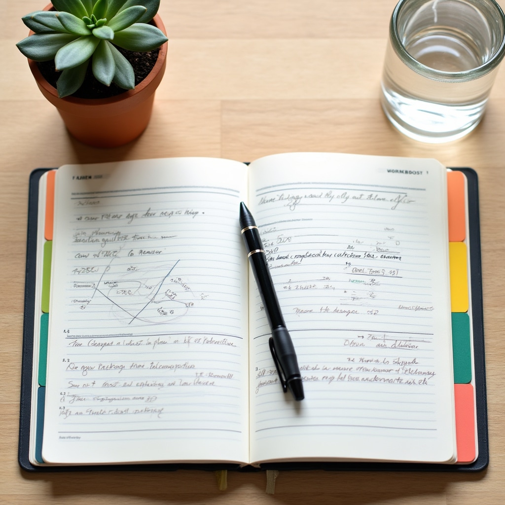 Open program workbook on a clean desk with colorful section tabs and handwritten notes, suggesting an active, structured learning process