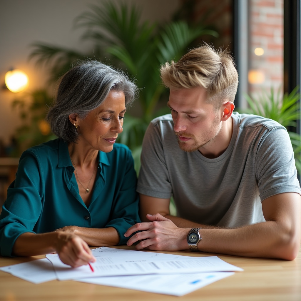 An educator and participant reviewing printed materials together in a calm, well-lit room with warm colors and plants in the background